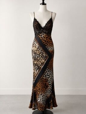 Vintage Mary L Couture Animal Print Lace Trim Maxi Mermaid Dress Women’s 12